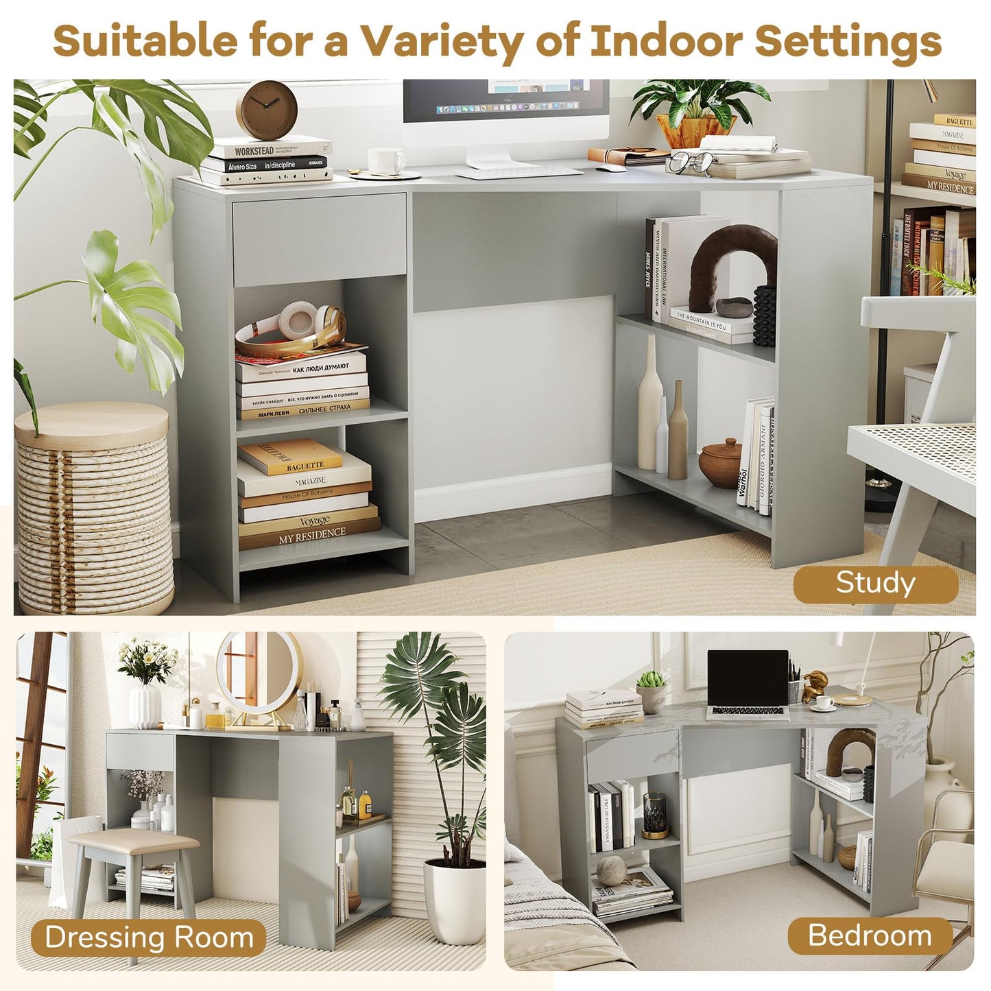 L-Shaped Computer Desk with Storage and Open Shelves for Living Room Bedroom