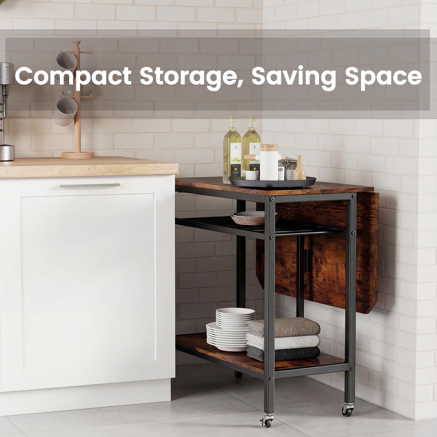 Folding Dining Table, Mobile Kitchen Table with 5 Wheels