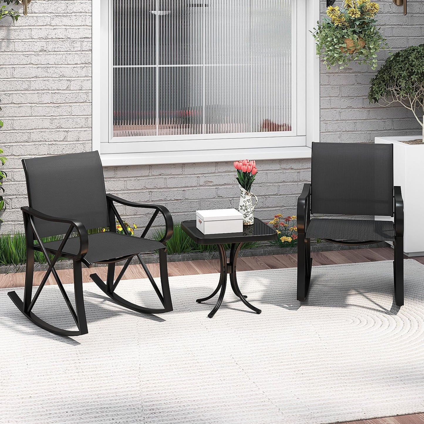 3-Piece Patio Metal Frame Rocking Bistro Set with Tempered Glass-Top Side Table