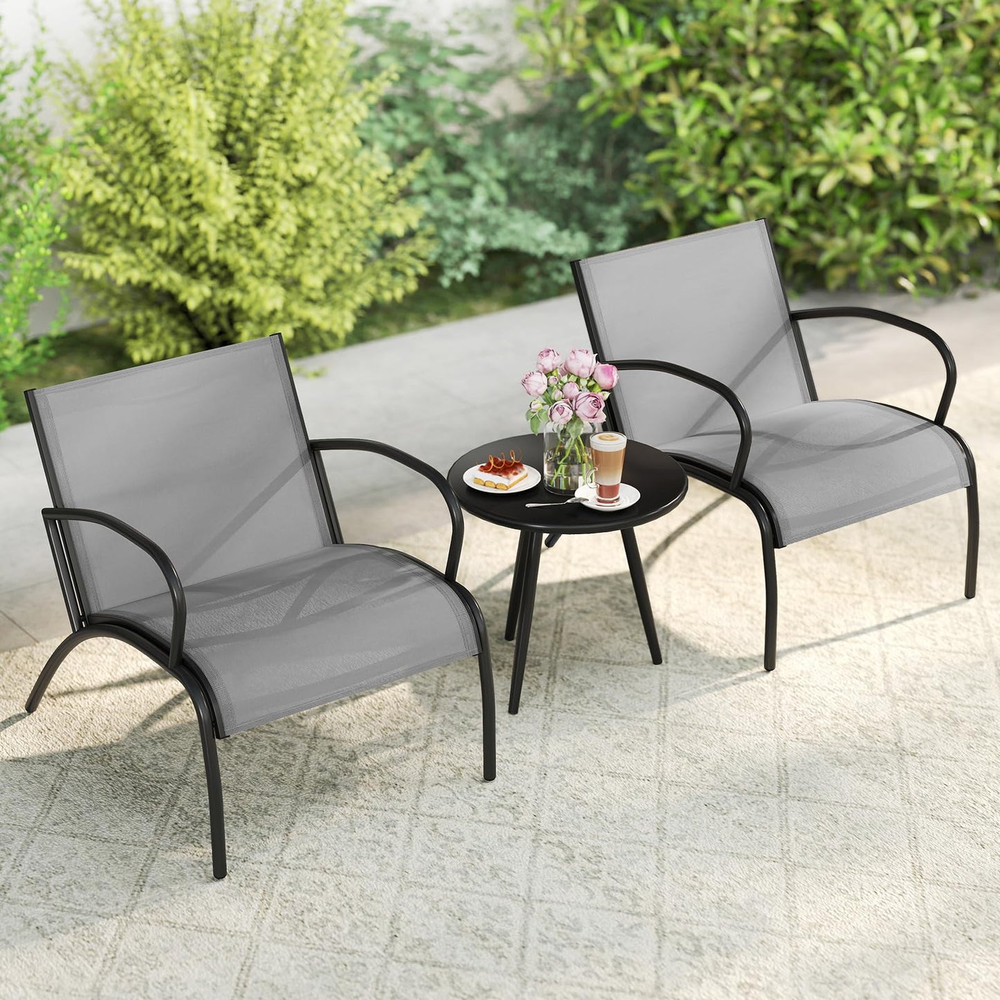 3 Piece Patio Chair Set Metal Aluminum Wide Armchair and Table Set