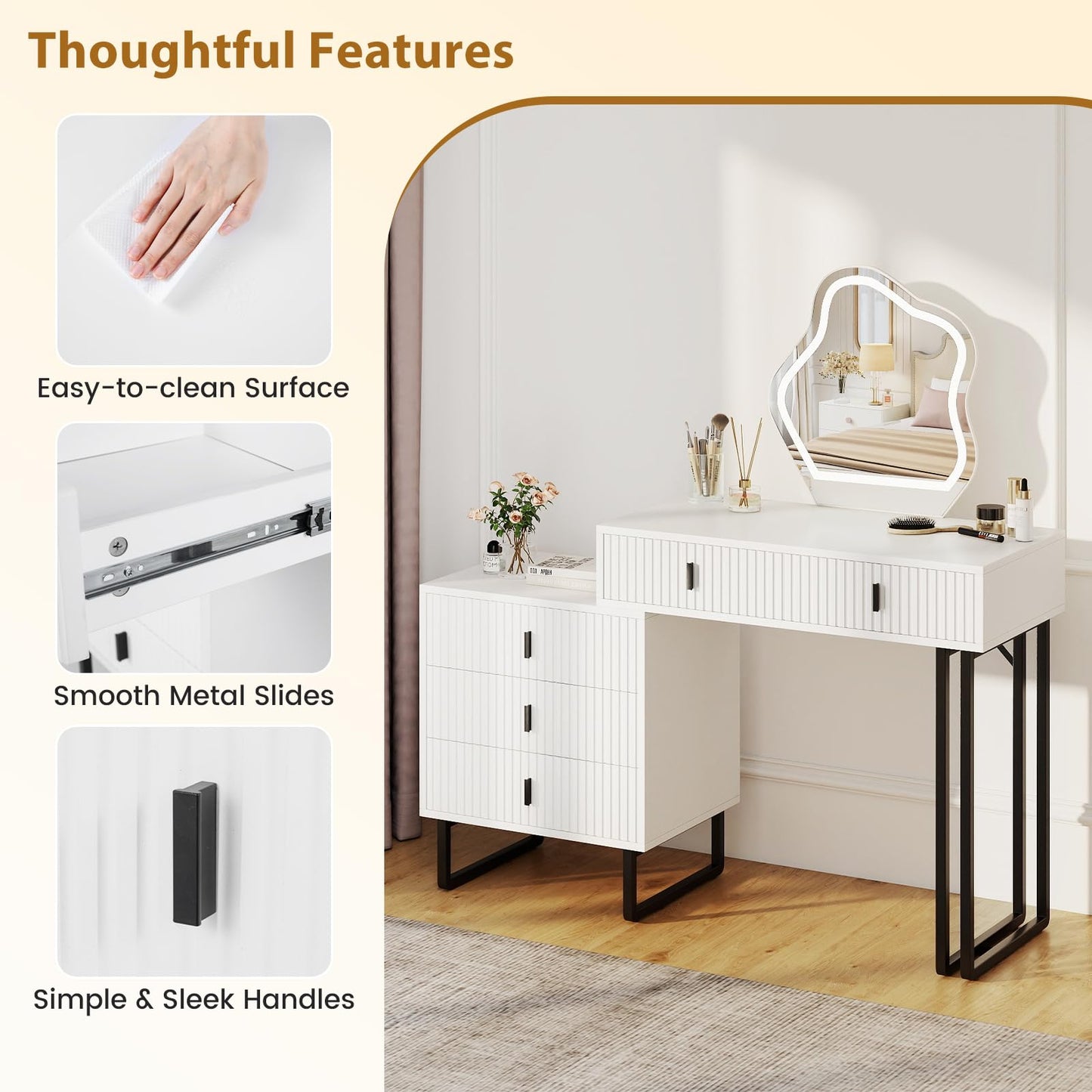 Dressing Table with Leaf-Shaped LED Mirror, Wooden Fluted Makeup Table