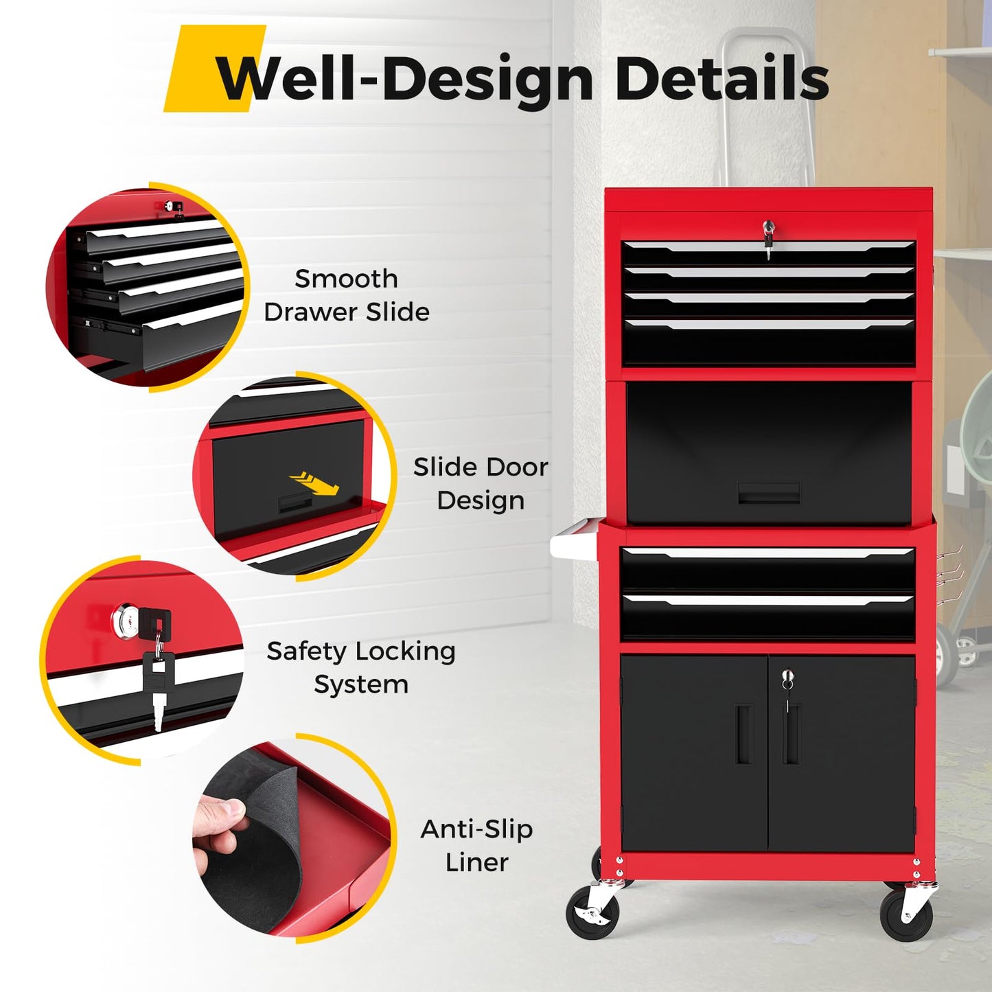6 Drawer Rolling Tool Chest with Universal Wheels and Hooks
