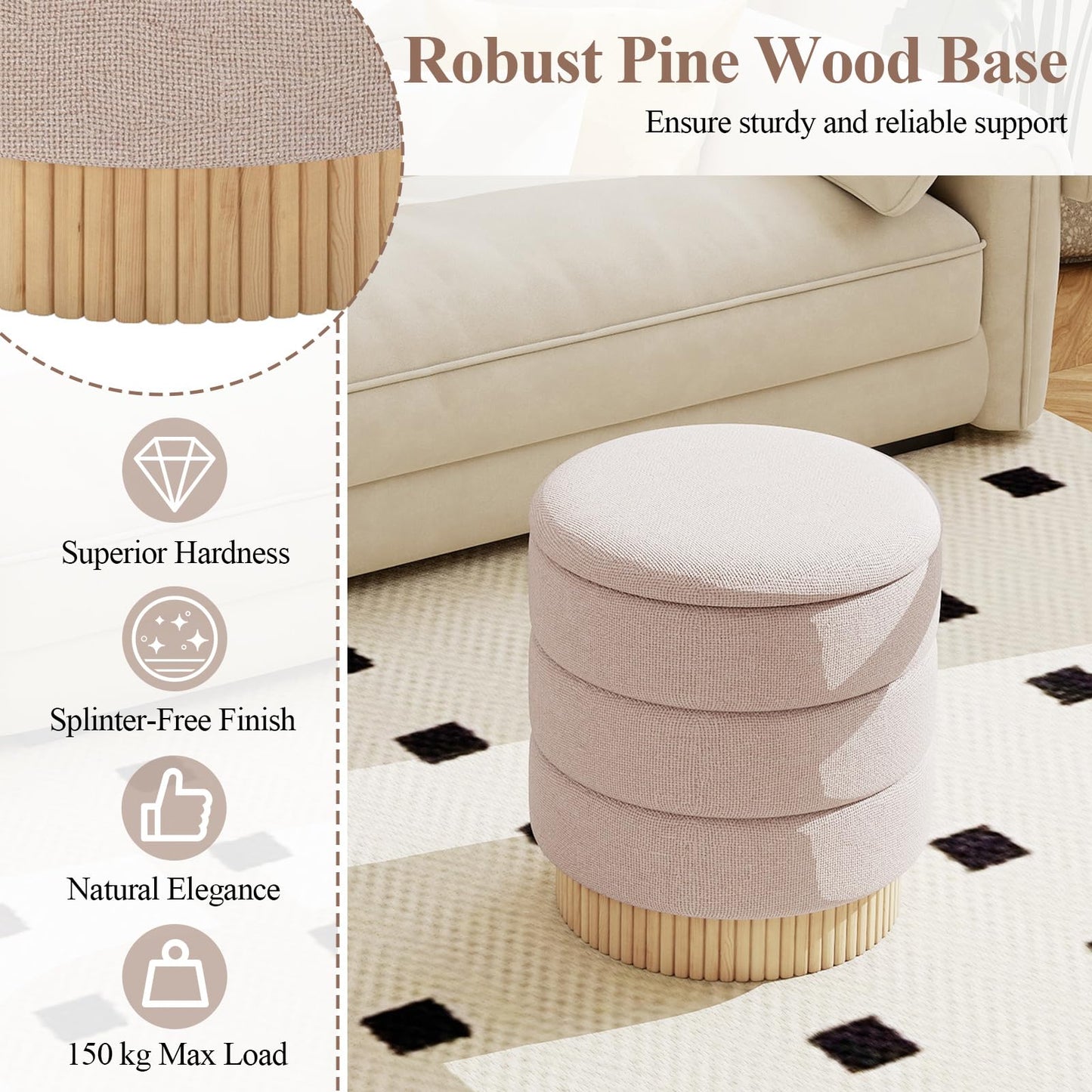 Modern Round Storage Ottoman with Removable Lid and Solid Wood Base