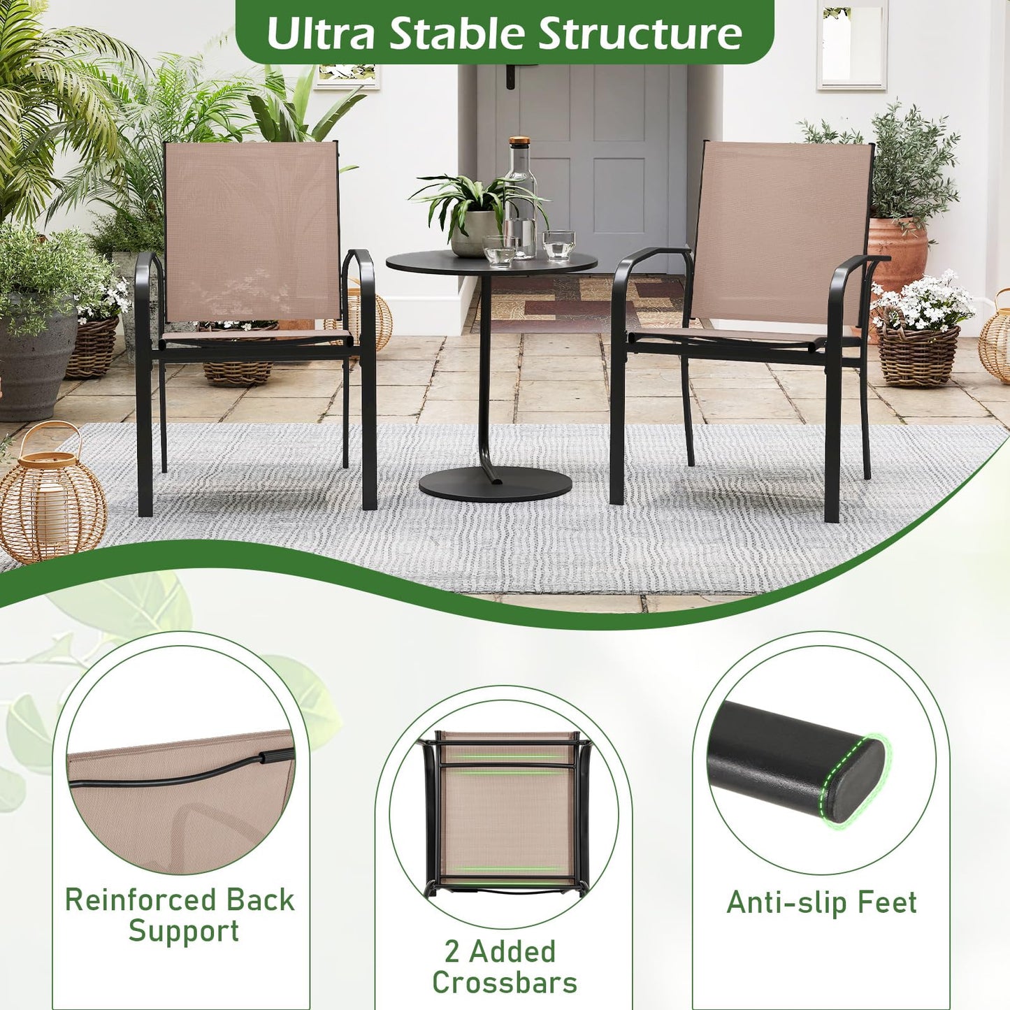 Giantex Garden Chairs Set of 2 Stackable Outdoor Dining Chairs with Breathable Backrest & Seat