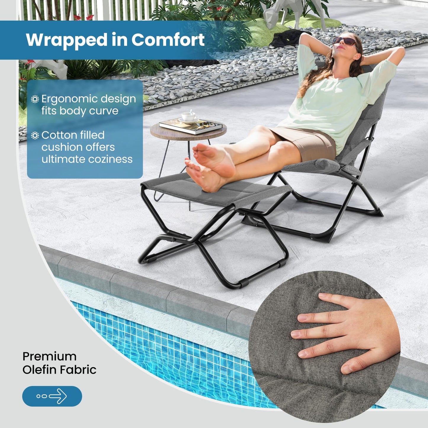 Outdoor Portable Lounge Chair with Footrest & Removable Cushion
