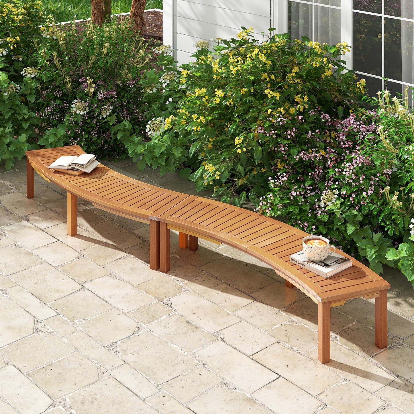 Curved Fire Pit Bench with Slatted Seat and Painted Surface