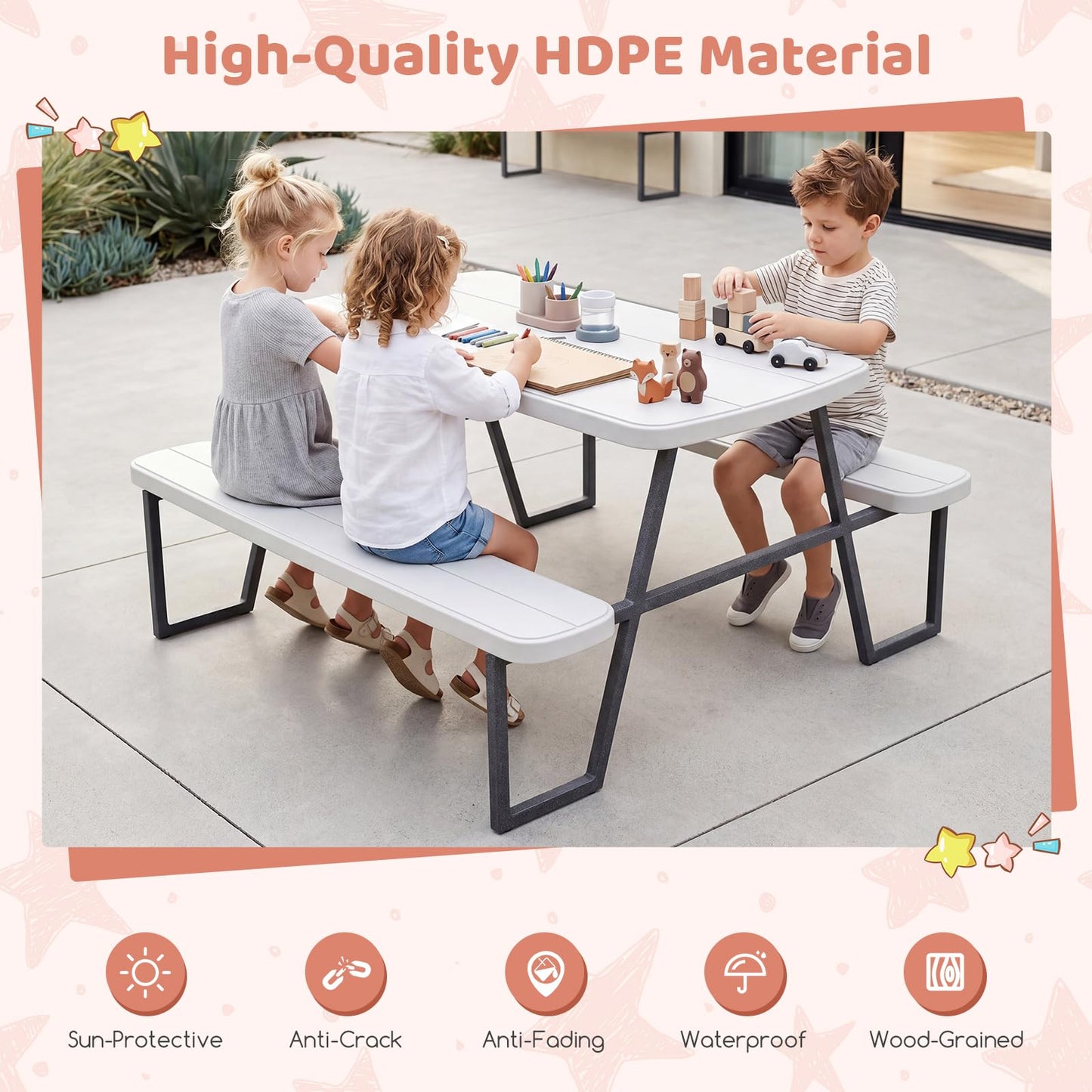 Camping Table and Chairs with Umbrella Hole and Metal Frame for Boys Girls Ages 3-8