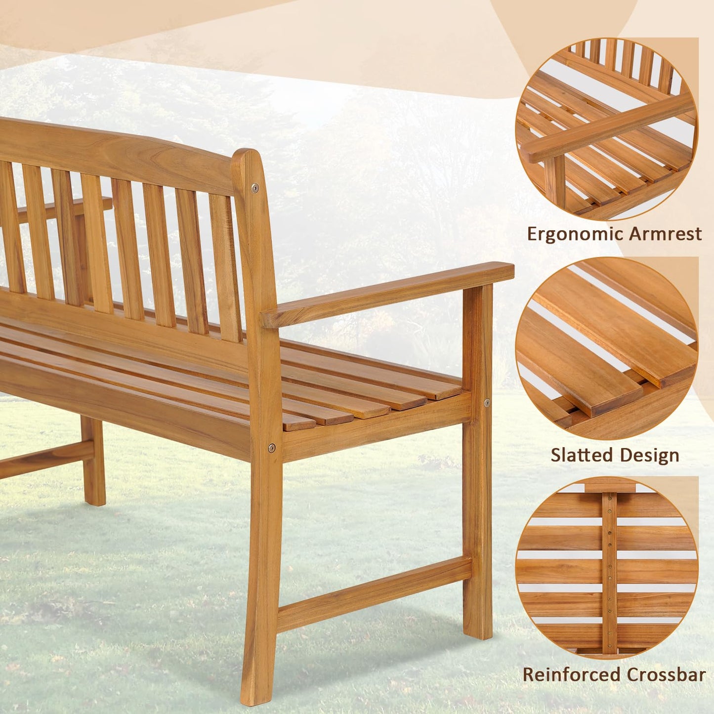 2-Person All-Weather Acacia Wood Patio Loveseat Park Bench Chair