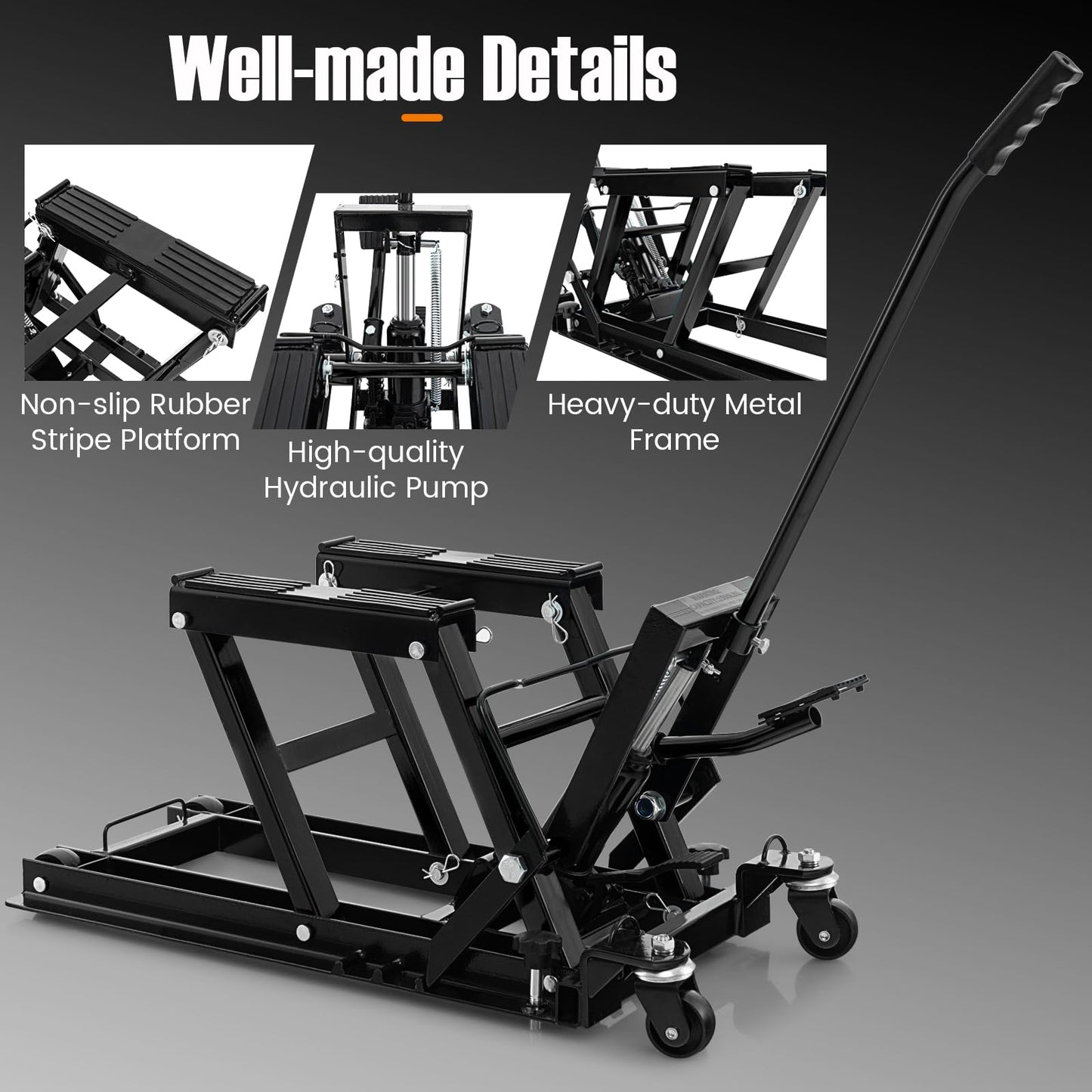 680KG Motorcycle Lift Jack with 4 Wheels and Footplates