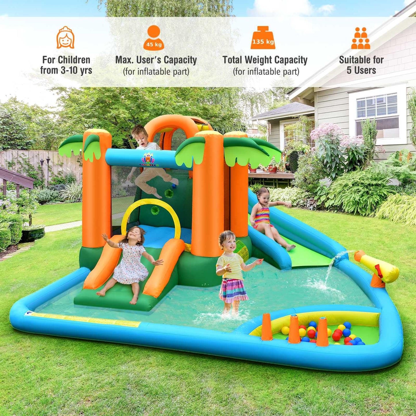 Kids Bouncy Castle with Dual Slides and Splash Pool for Outdoor Indoor Play
