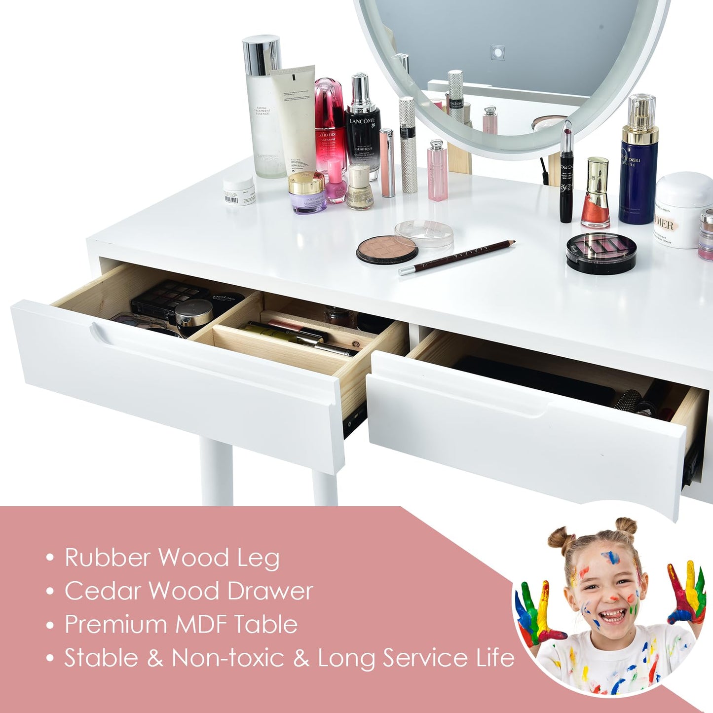 Dressing Table with 3-Color LED Lights Oval Mirror and Stool