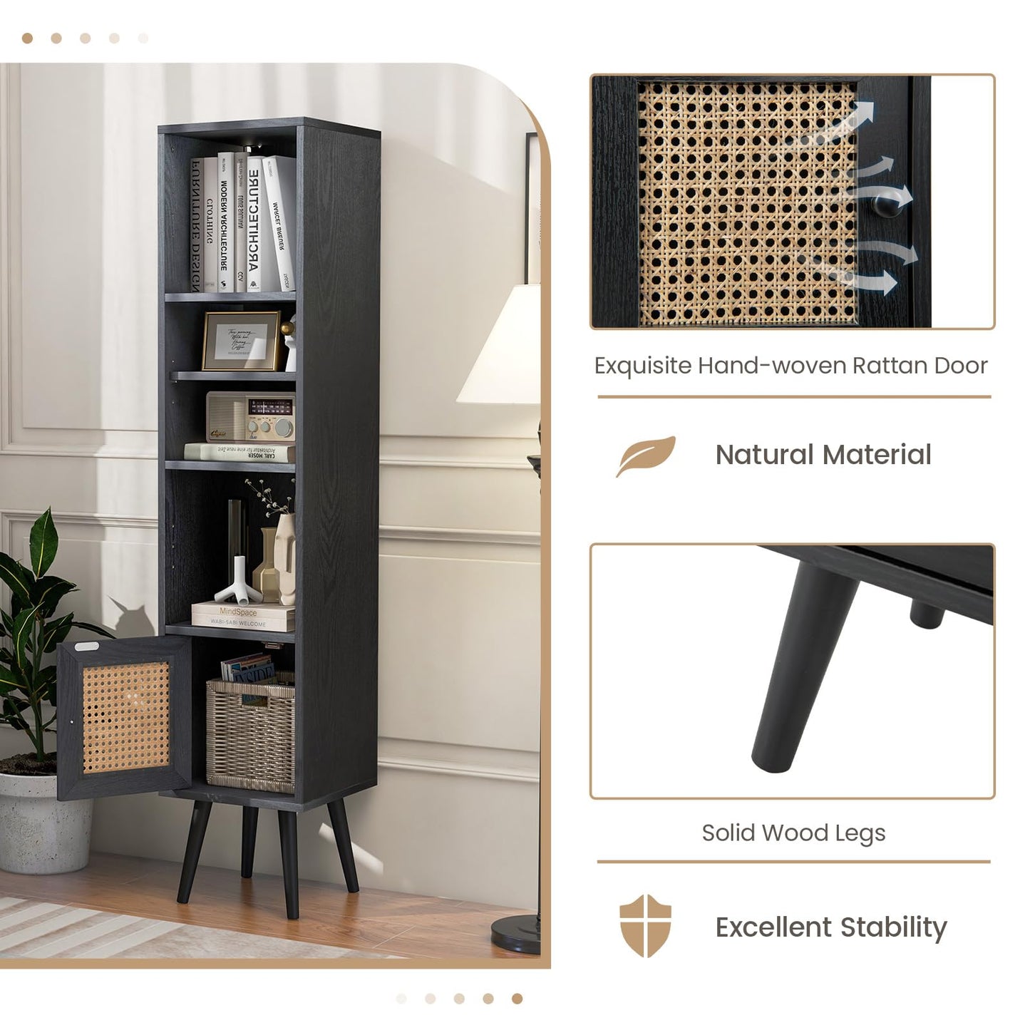 Freestanding Slim Cabinet with Rattan Door and Solid Wood Legs