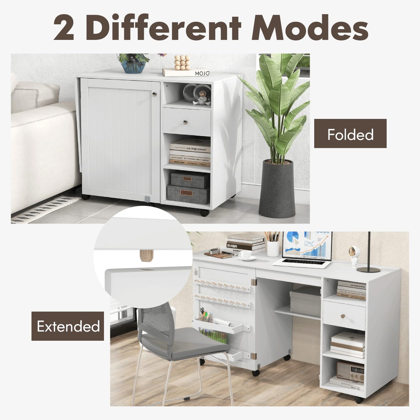 Folding Sewing Table with Storage Shelves and Trays