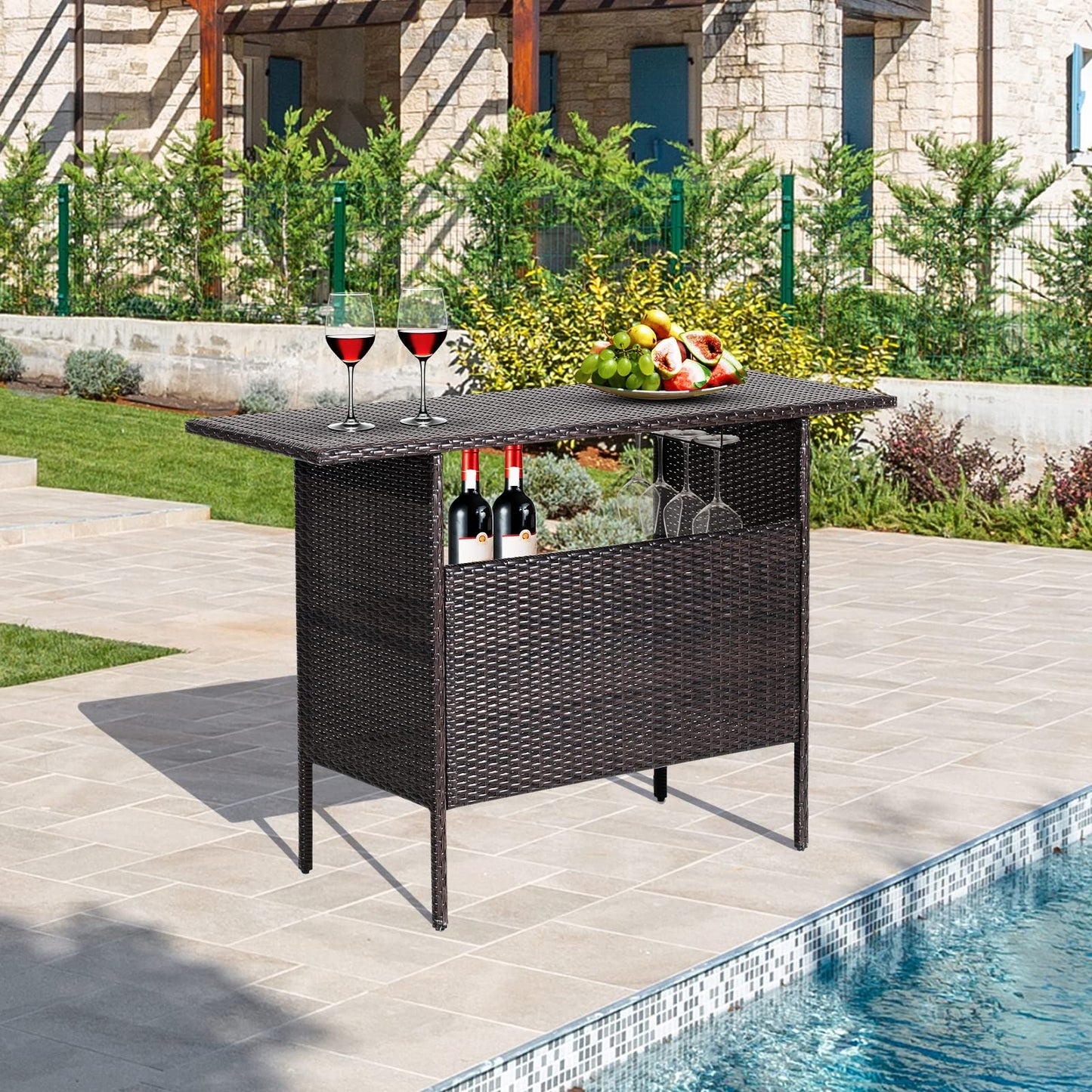 All Weather Wicker Bar Counter Table with 2 Metal Mesh Shelves