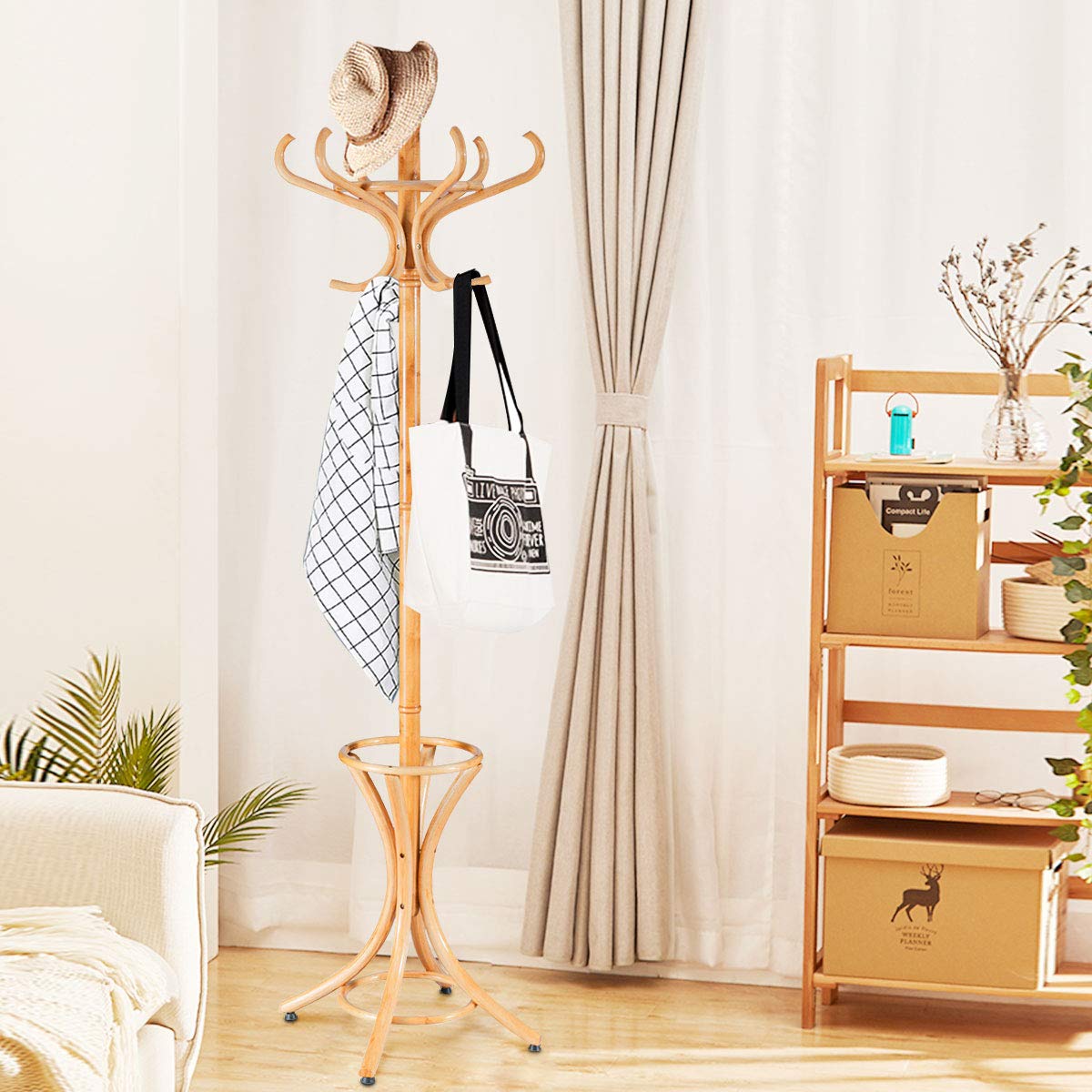 12 Hooks Freestanding Coat Rack with Umbrella Holder