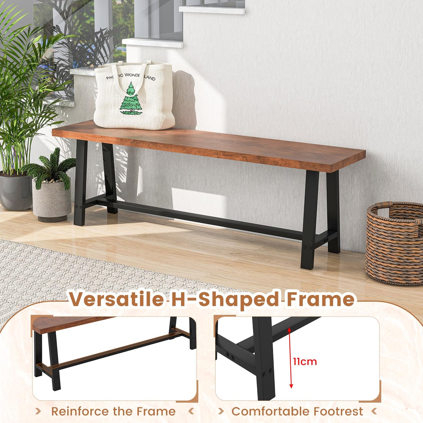 153CM Entryway Dining Bench 3 Person with Metal Frame