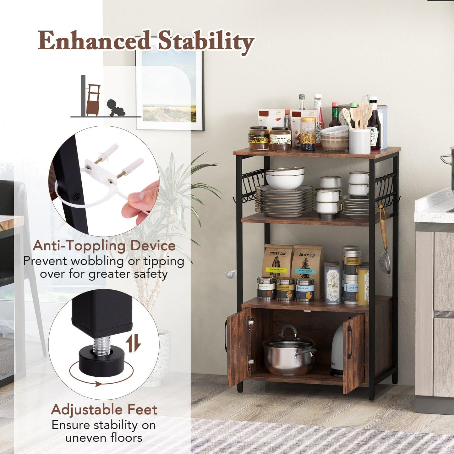 3-Tier Kitchen Bakers Rack with Cabinet Open Shelves and 10 Removable S-Shaped Hooks