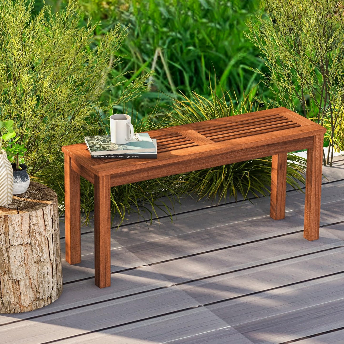 2-Person Patio Wood Bench with Slatted Seat