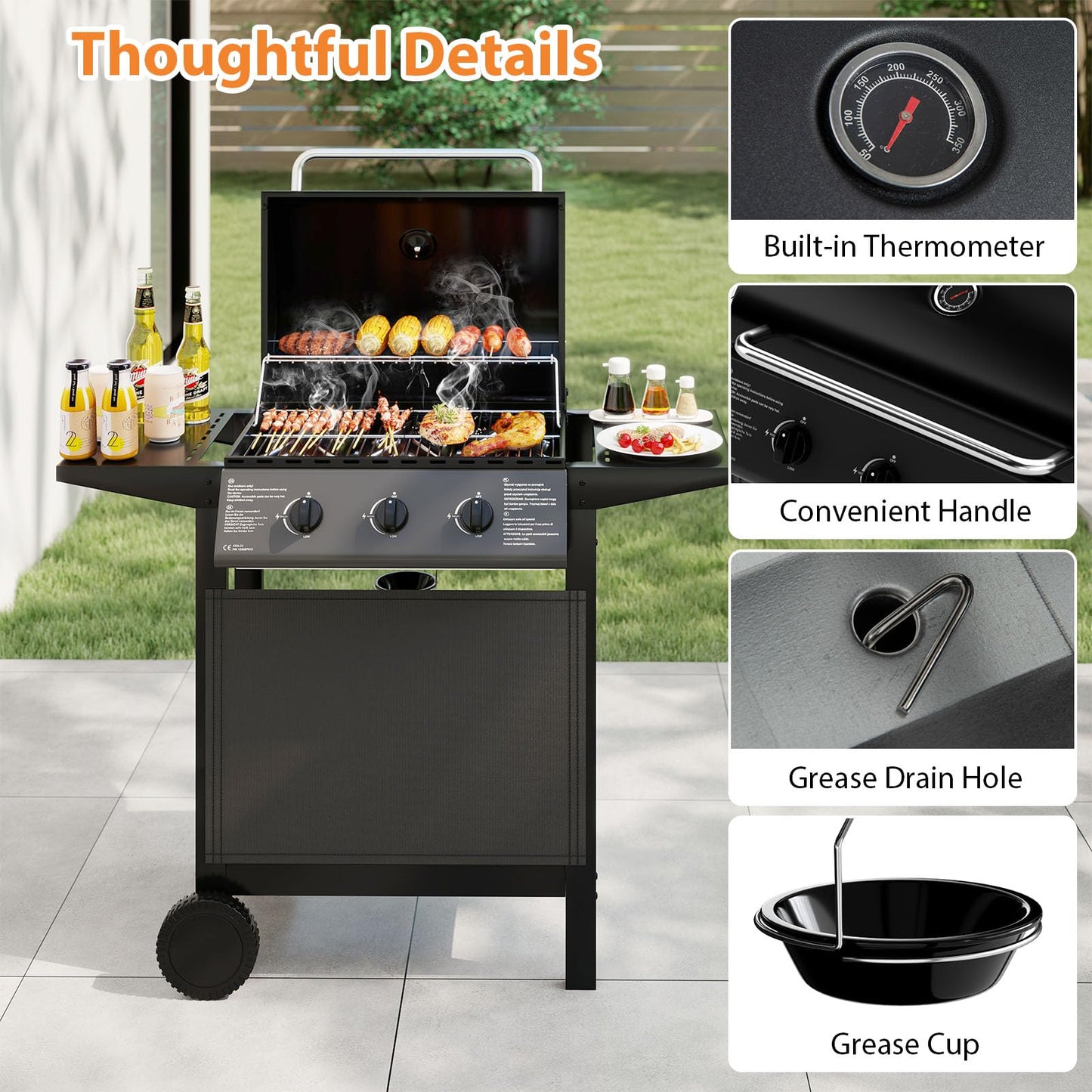 3-Burner Propane Gas Grill 24,000 BTU Portable with Lid and Side Tables