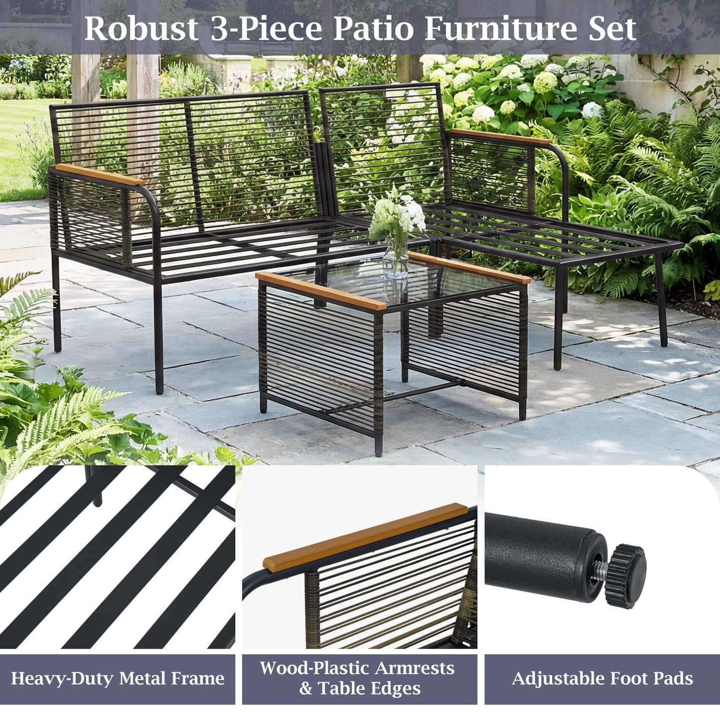 3 Pieces Wicker Furniture Set with Tempered Glass Side Table