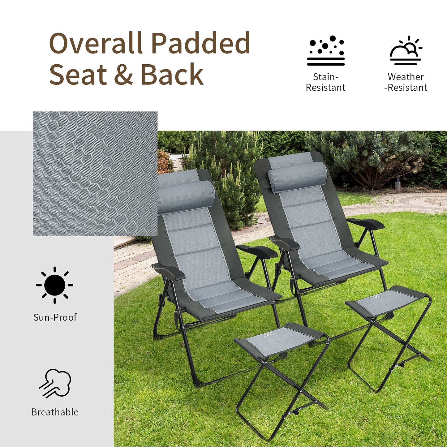 Set of 2 Patio Dining Chairs and Ottoman with 7-Position Adjustable Backrest