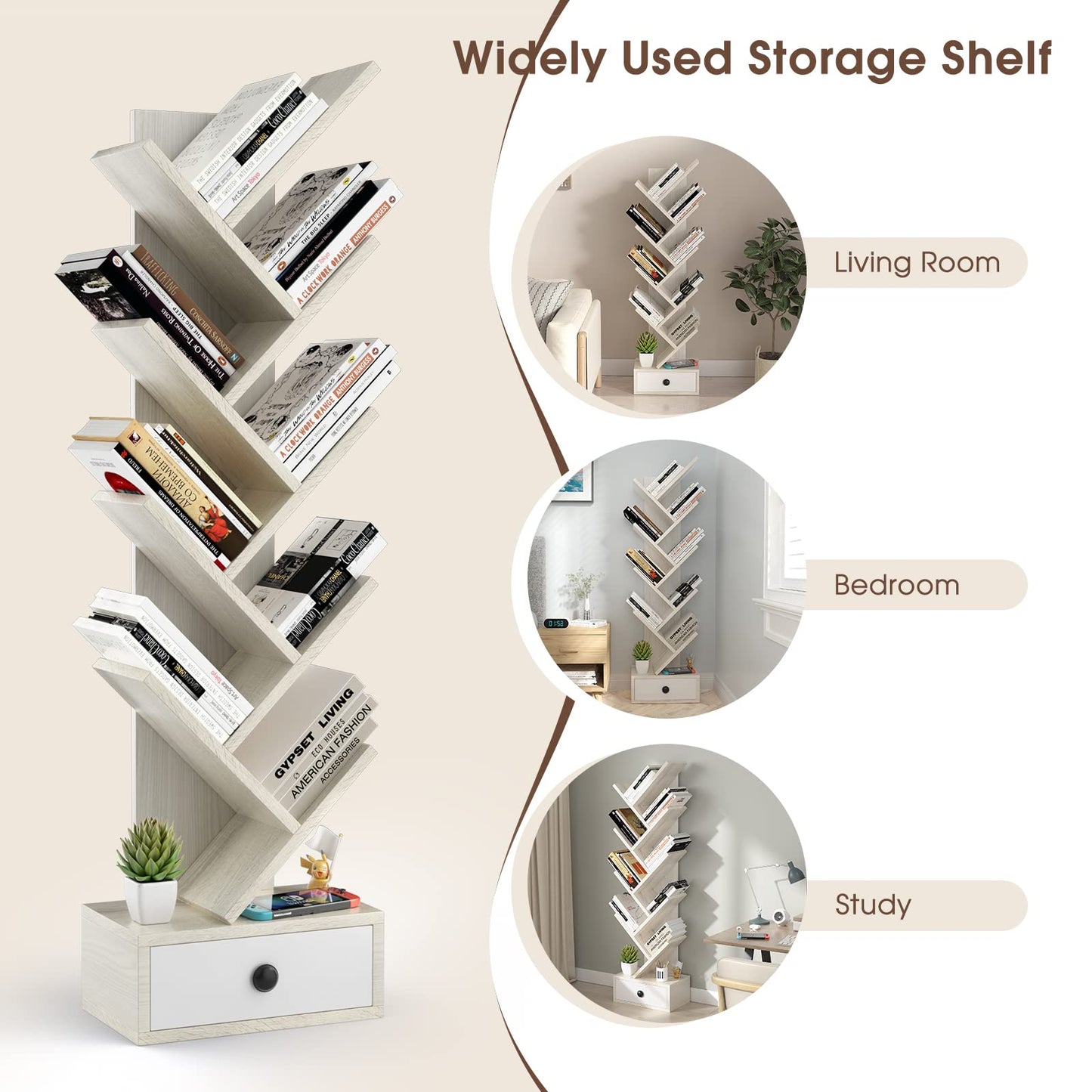 10-Tier Tree Bookshelf with Drawer with Anti-Tipping Kit