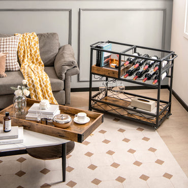 GiantexUK 3-Tier Kitchen Serving Cart, Home Bar Cart Trolley with Wine Rack, Glass Holder