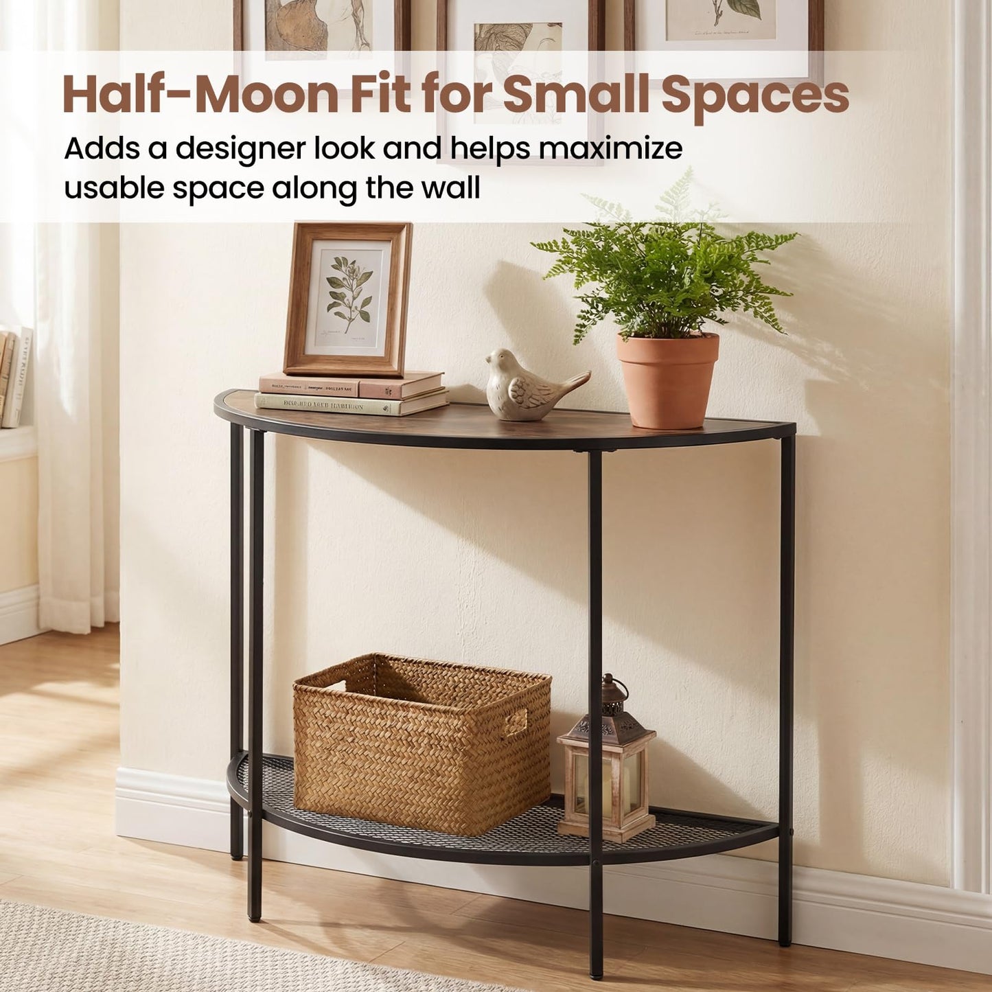 2-Tier Console Table, Half Moon Industrial Narrow Entryway Table