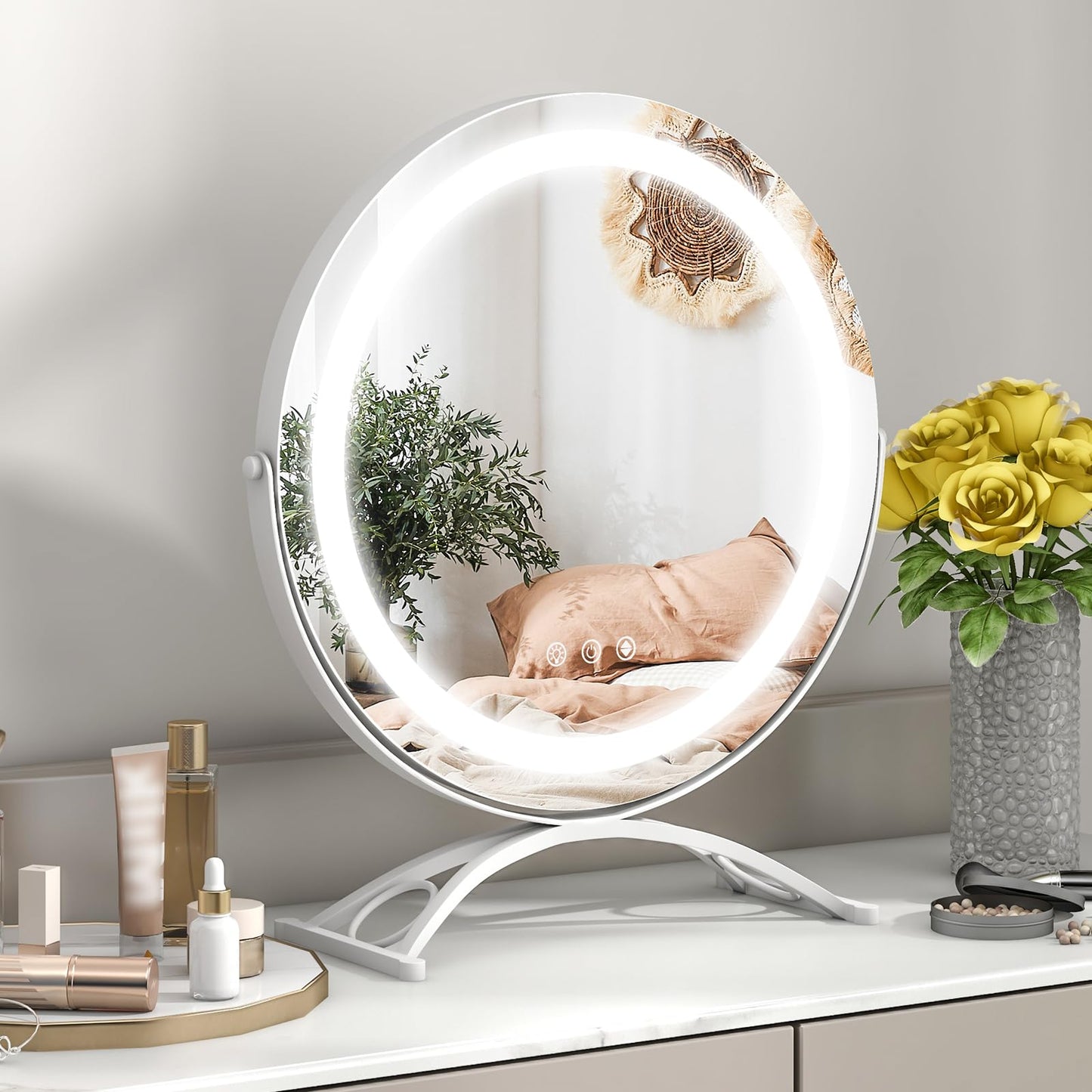 Makeup Vanity Mirror with Lights and Touch Screen with 360-Degree Rotation