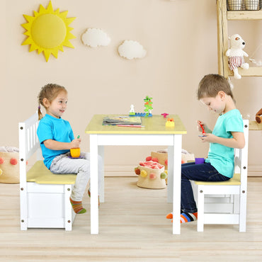 Kids Table & Chair Set, 4-Piece Children Furniture with Toy Storage Bench