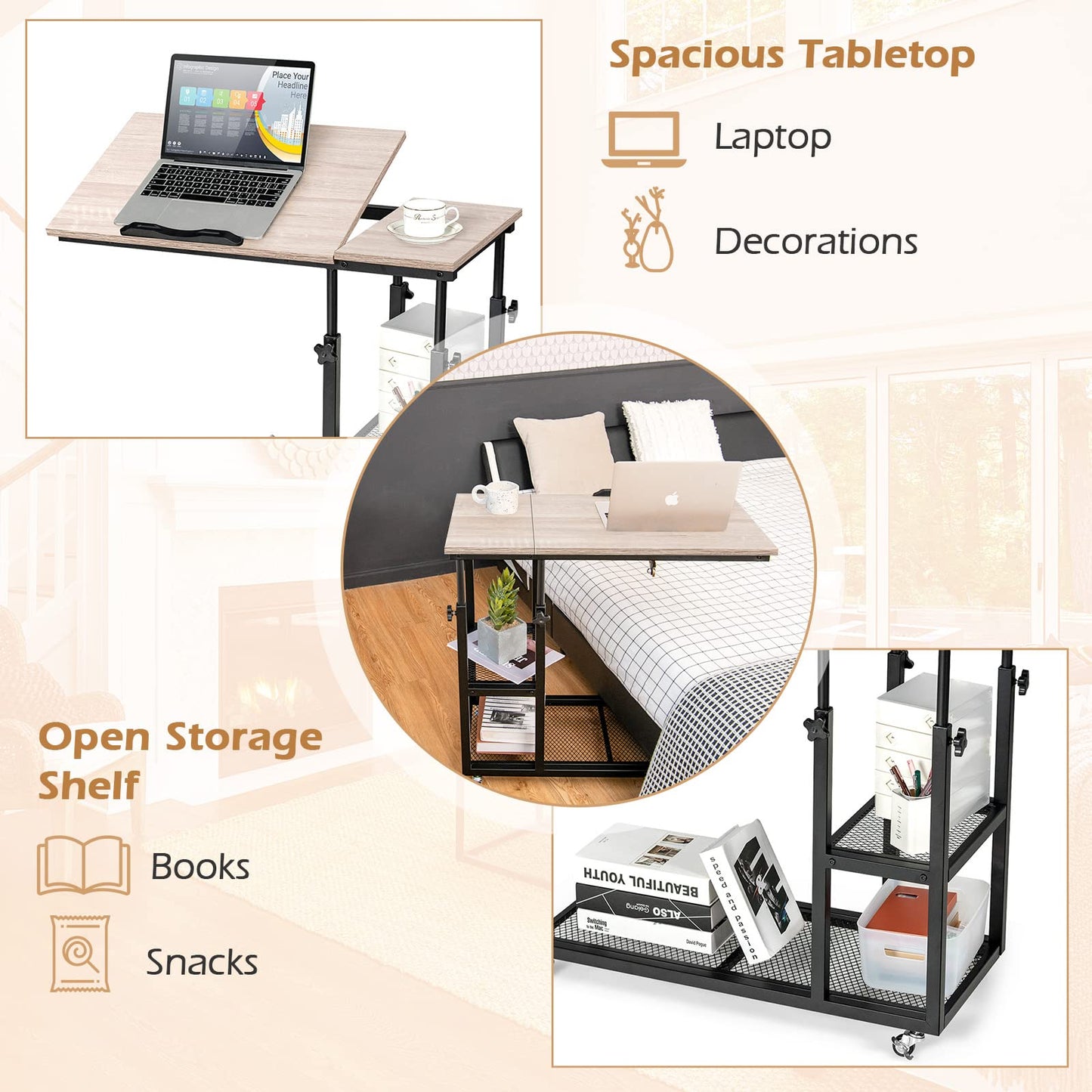 Height Adjustable Mobile Overbed Table with Wheels and Storage Shelves