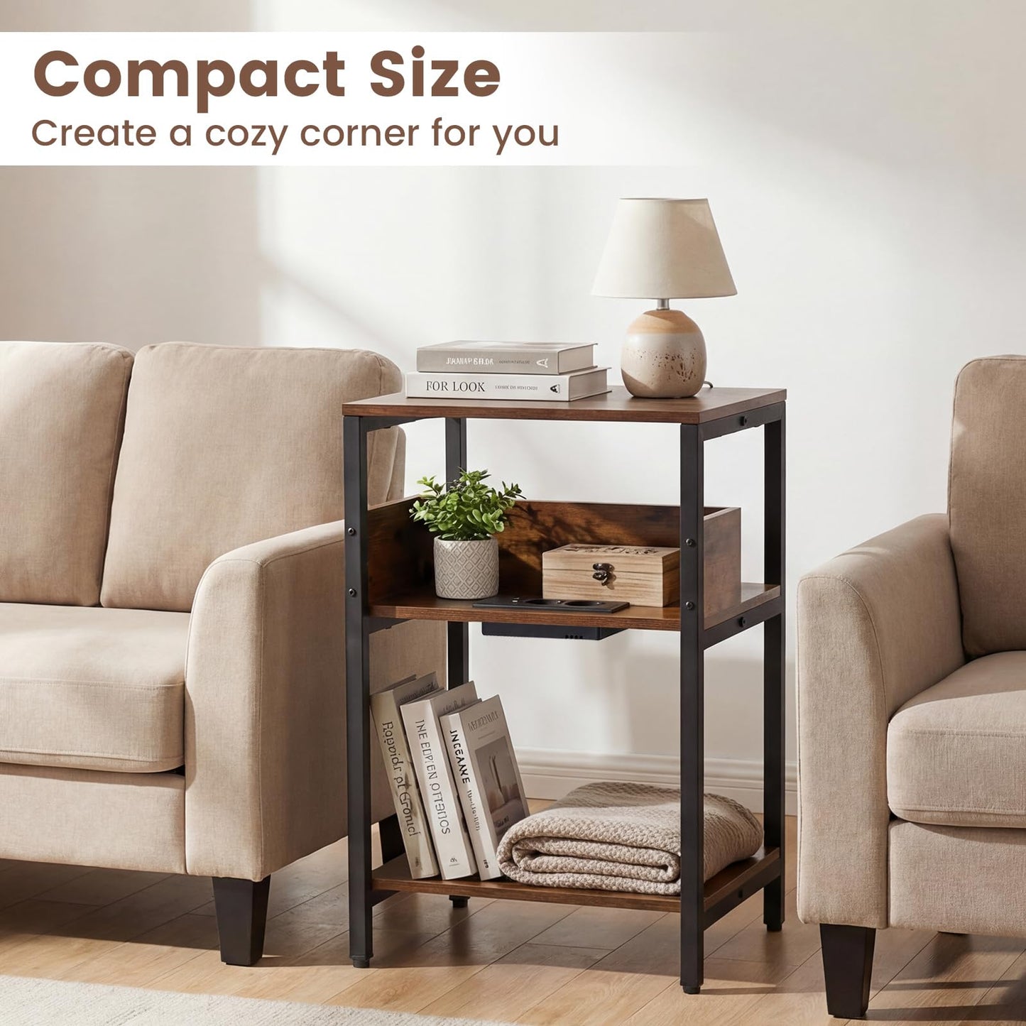 Side Table with Charging Station, 3-Tier Industrial Nightstand Bedside Table