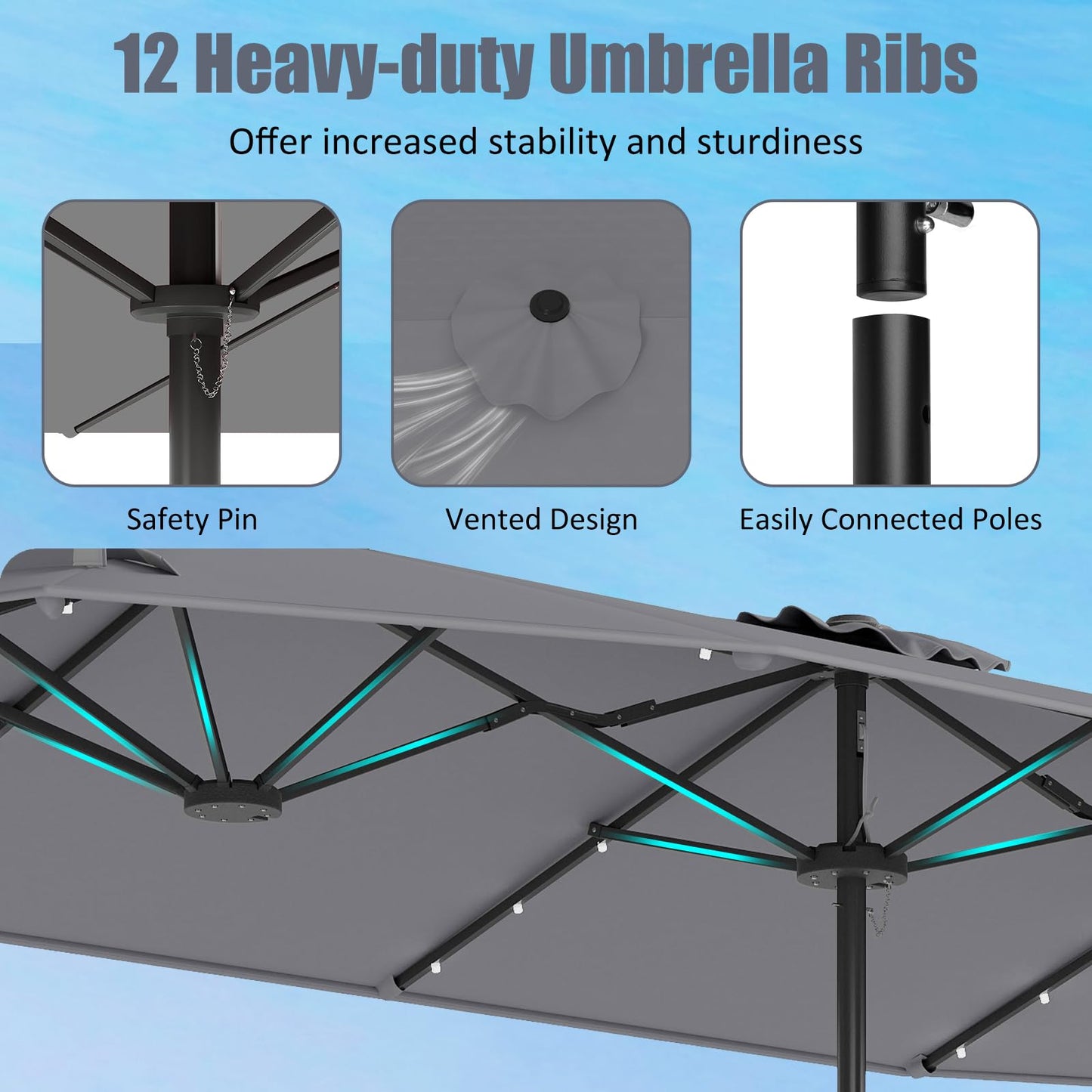 4M Double-Sided Parasol with Base with 36 Solar LED Lights