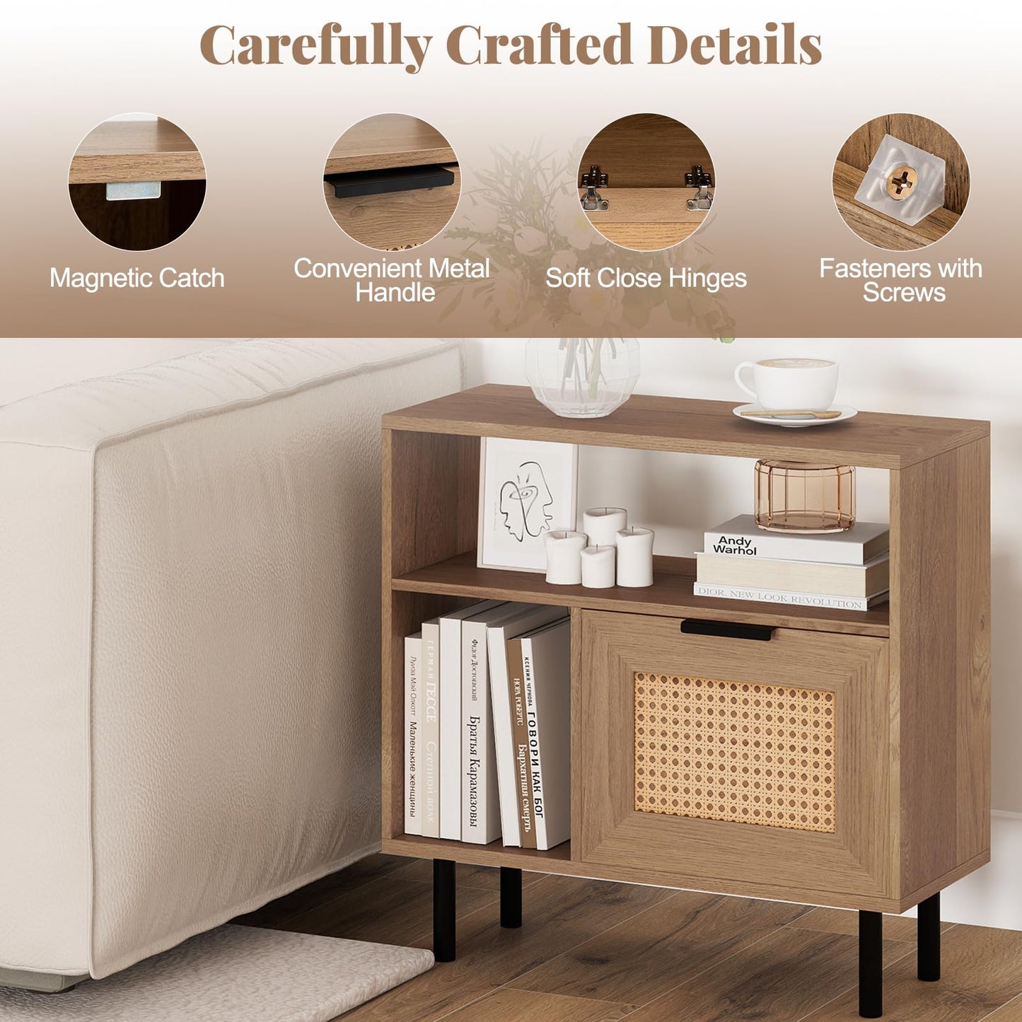 Boho Rattan Side End Table with Open Storage Shelf and Cabinet