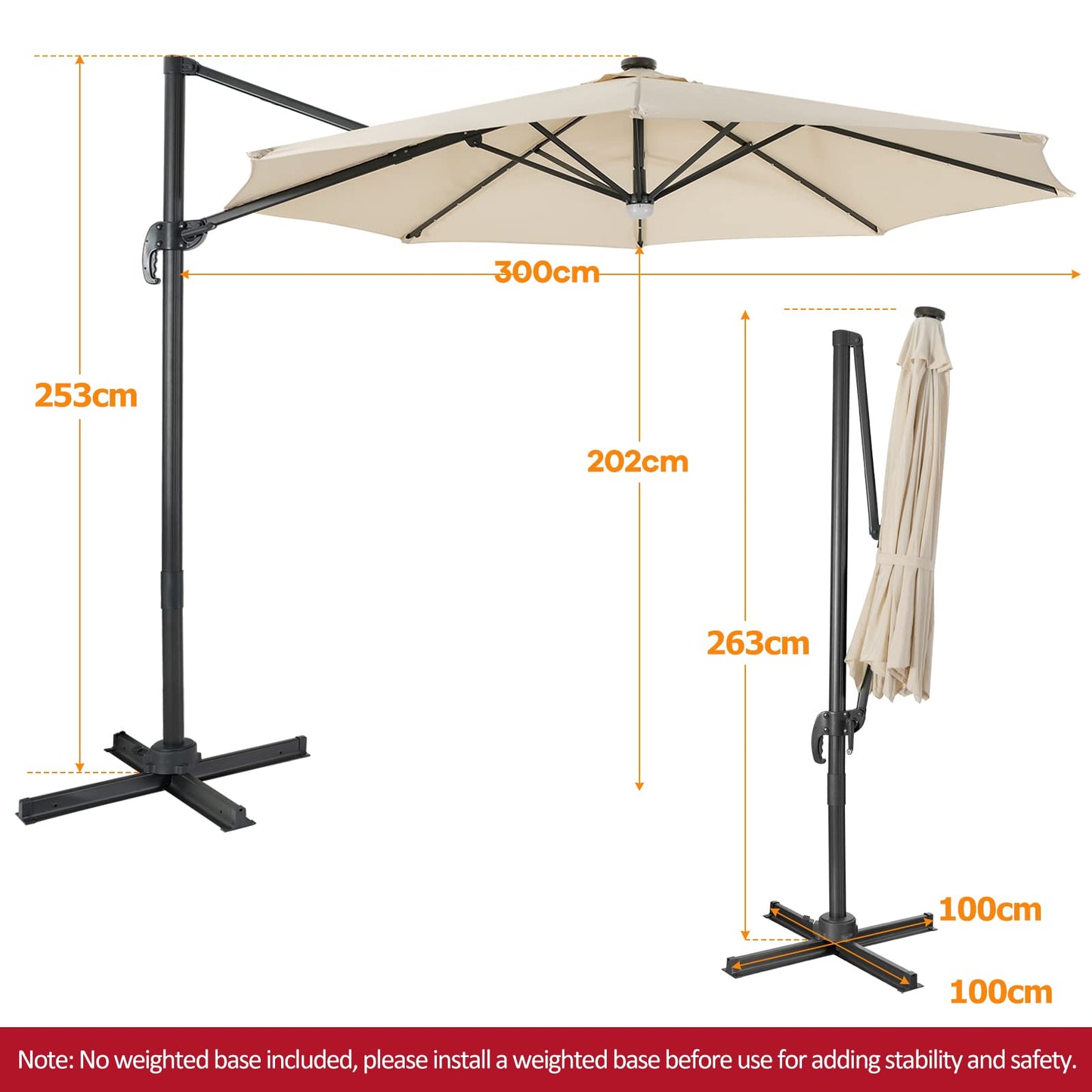 3m Garden Parasol with with Solar-Powered LED & Winding Crank