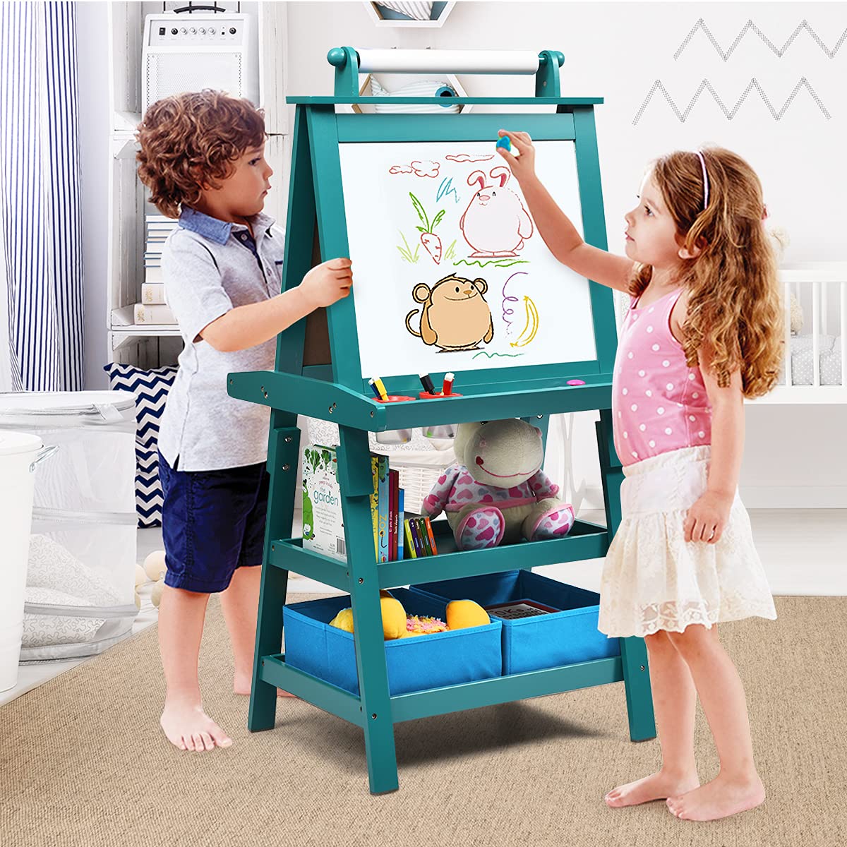 Double Sided Blackboard and Magnetic Whiteboard Easels with Paper Roll