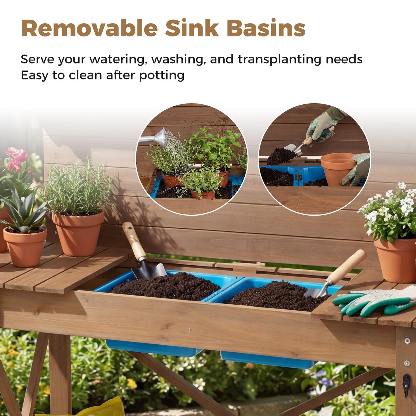 Outdoor Potting Bench Table Wooden Garden Workstation with Sliding Tabletop