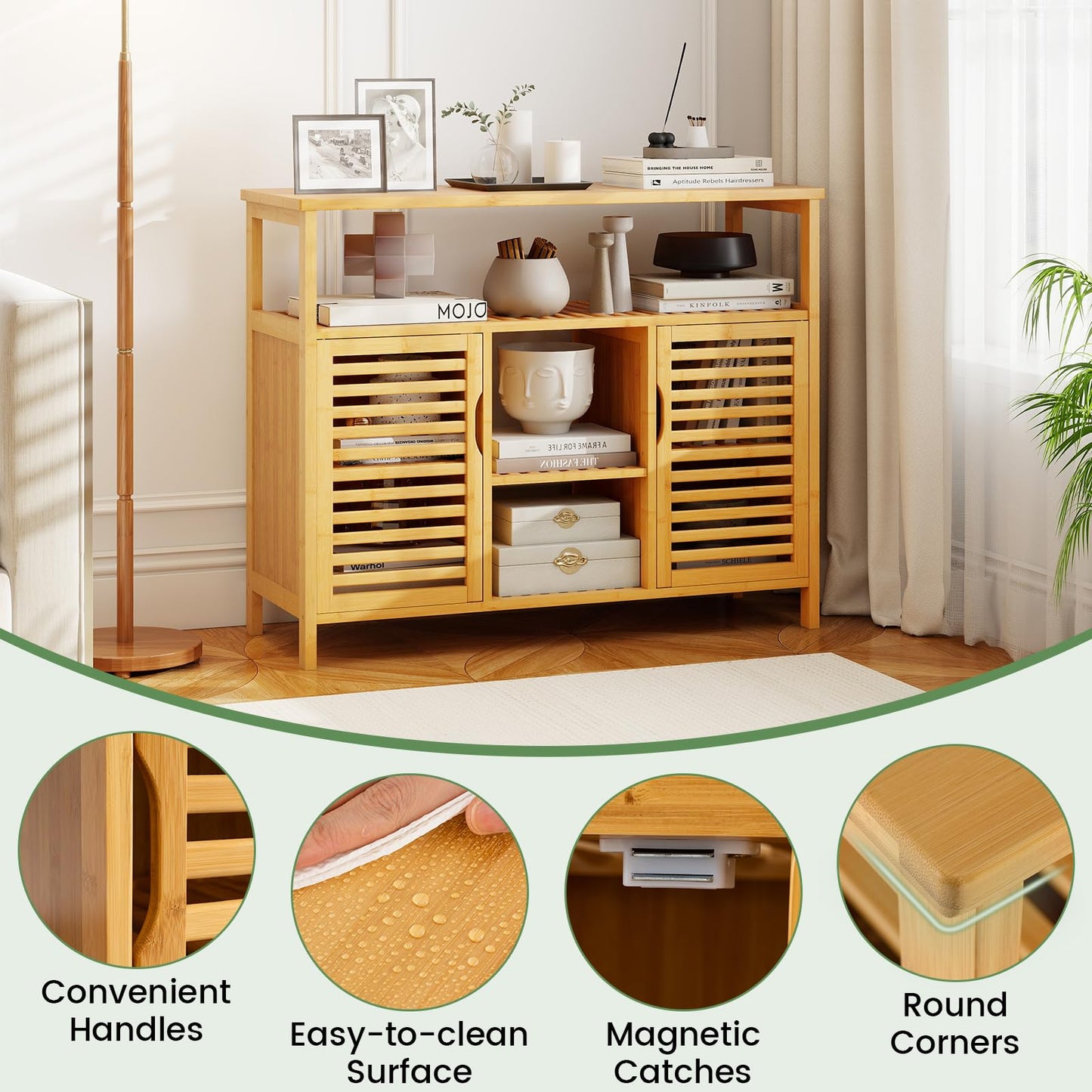 Bamboo Bathroom Cabinet 2-Door Storage Organizer with Shelves