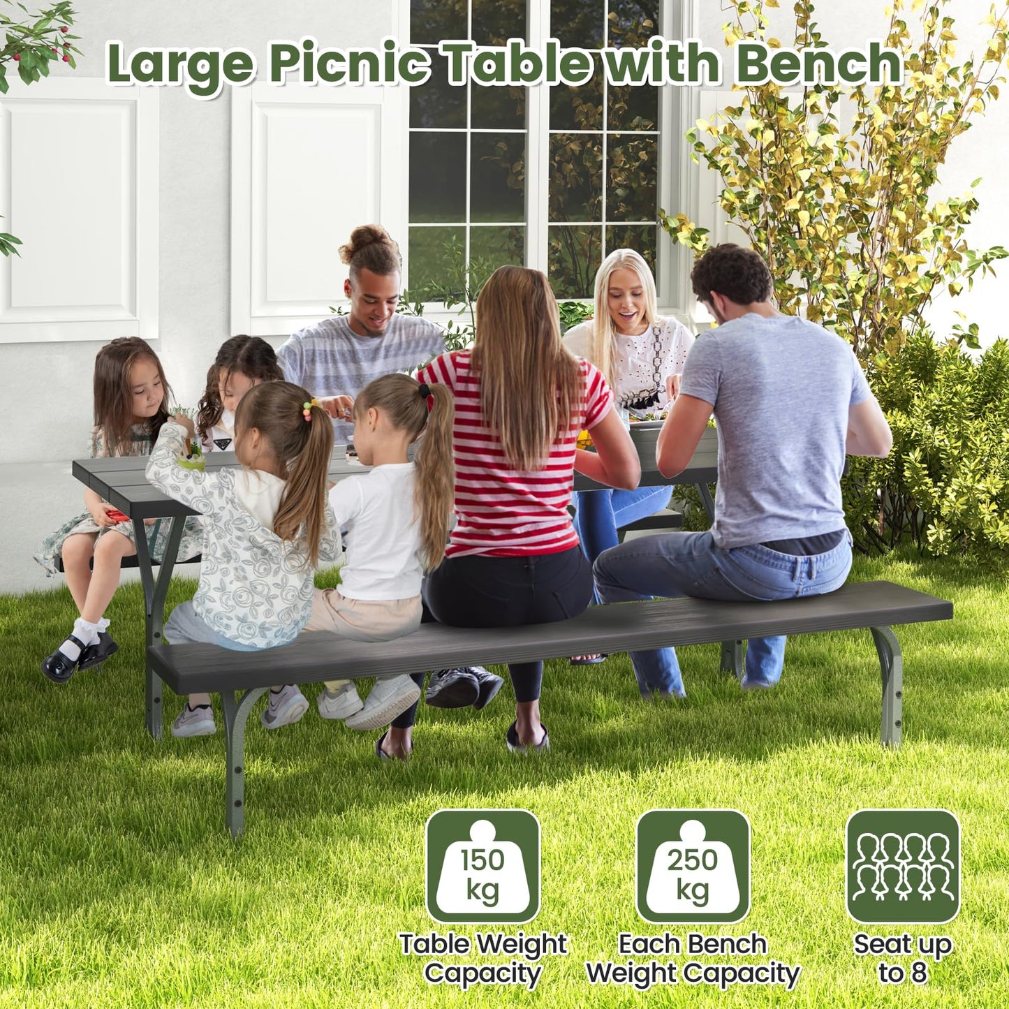 8 Seater Outdoor Heavy Duty Picnic Table and Bench Set with Umbrella Hole