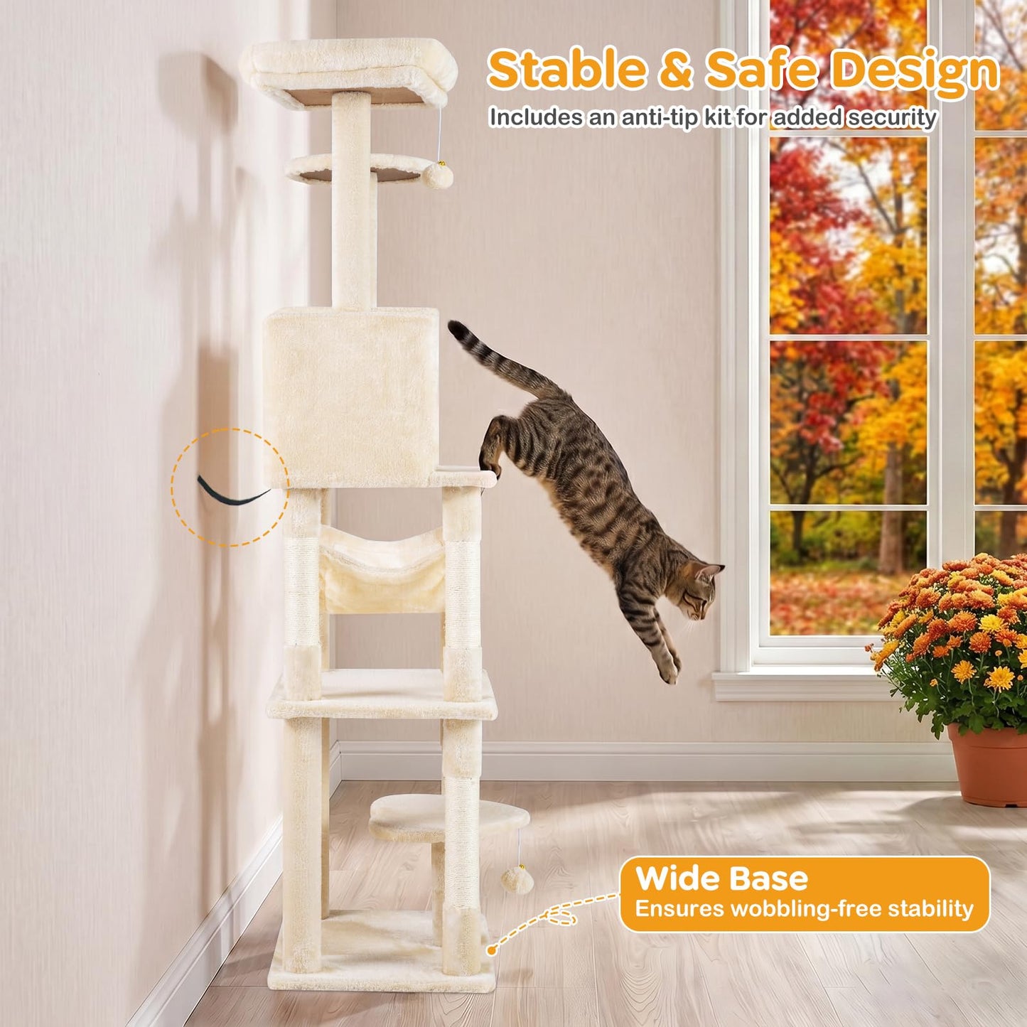 Cat Tree, 168cm Tall Modern Cats Tower with 2 Perches, Hammock, Condo