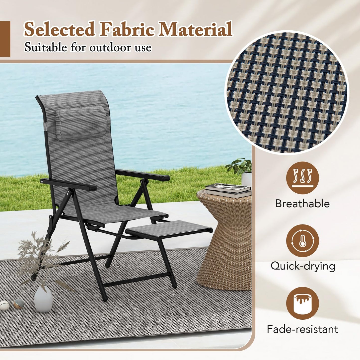 10-Position Adjustable Patio Chaise Lounge Chair Deck Sunbed with Armrests