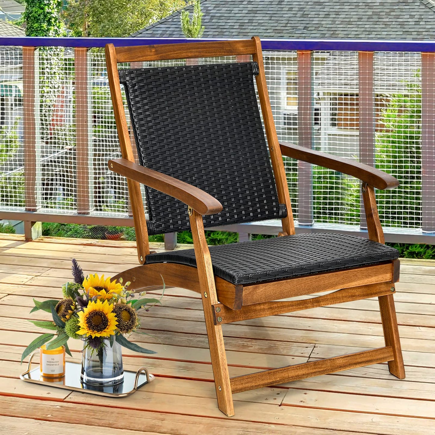 Acacia Wood Rattan Deck Chair with Retractable Footrest