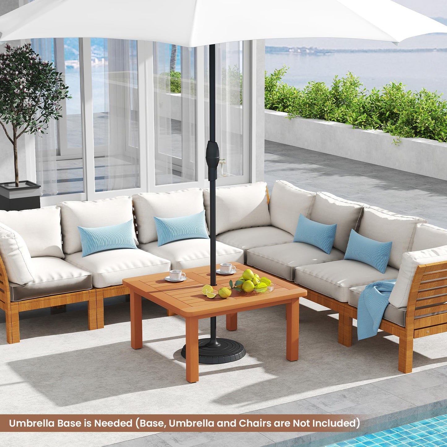 Patio Coffee Table with Umbrella Hole Outdoor Solid Wood End Table