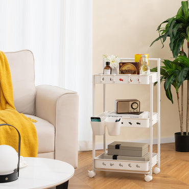 3-Tier Rolling Storage Cart with 2 Hanging Cups and 4 Hooks