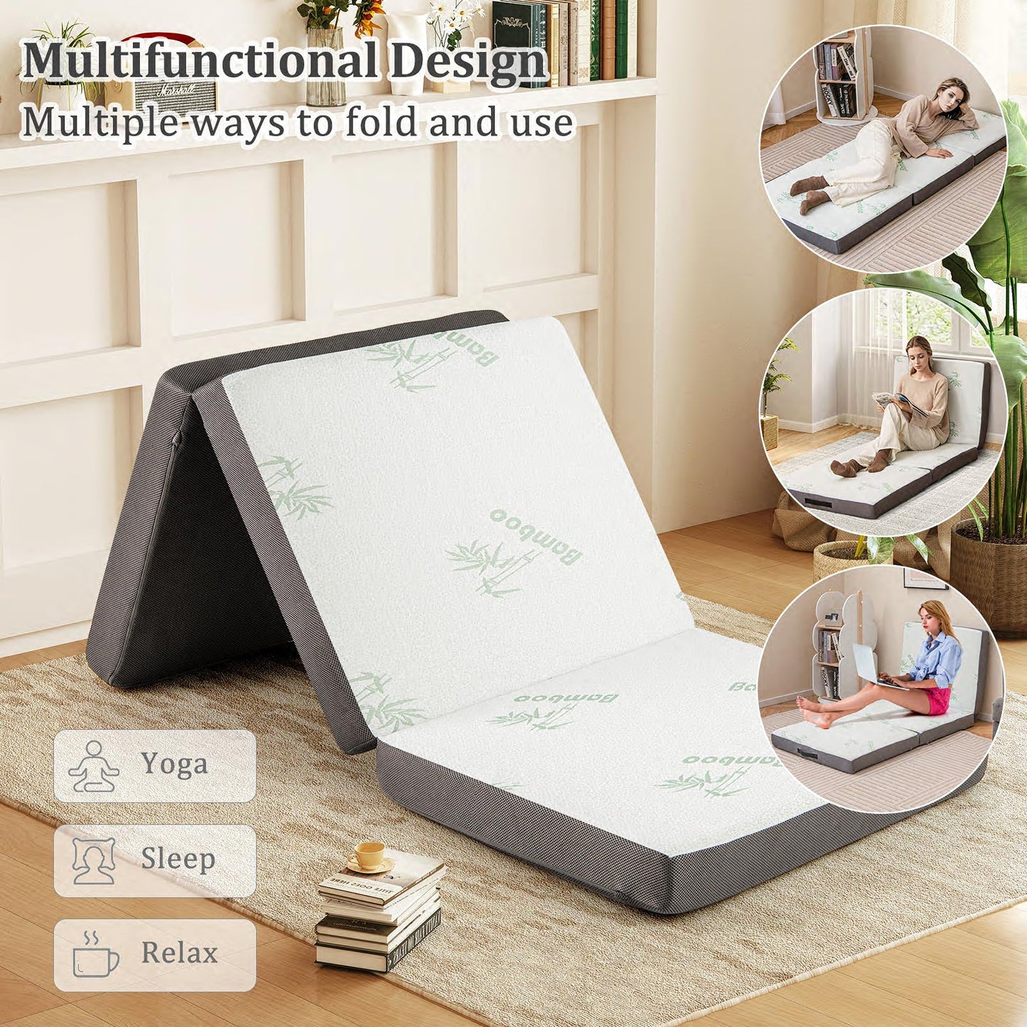 Folding Mattress, Tri Fold Portable Floor Mattresses with Side Handles