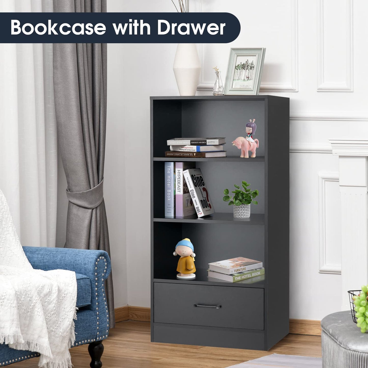 Wooden Storage Bookshelf Cabinet with 3 Tier Open Shelves and Drawer