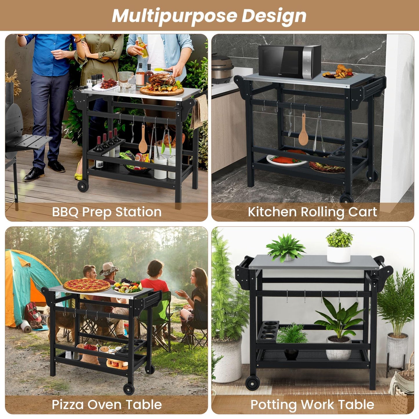 Movable Outdoor Dining Cart HDPE Pizza Oven Stand Table