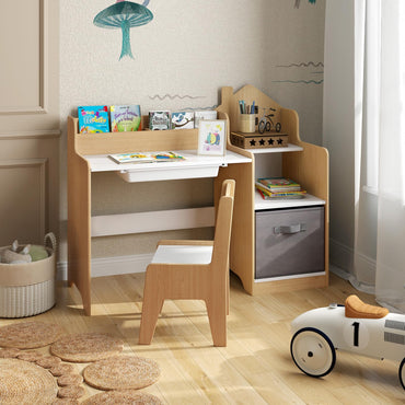 Kids Study Desk and Chair Set Children Study Table with Open Shelves