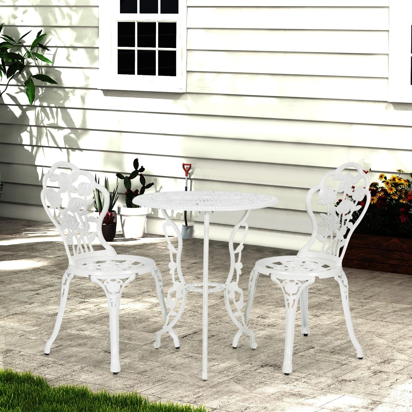 3 Pieces Aluminium Round Garden Dining Table and 2 Chairs with Umbrella Hole
