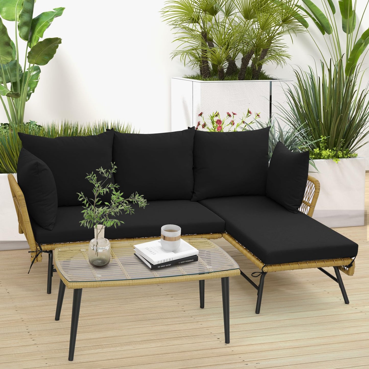 3 Pieces L Shaped Patio Conversation Set with Cushions & Tempered Glass Table